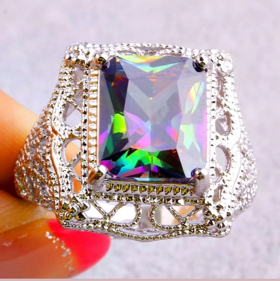 New Emerald Cut Mystic Topaz Silver Statement Ring. - Picture 3 of 16
